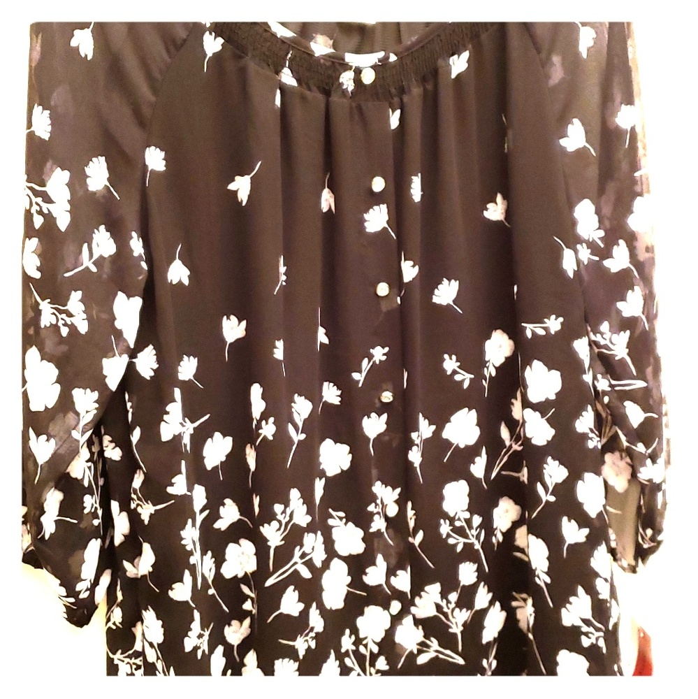 NWT Cathy Daniels Black Floral Peasant Top L